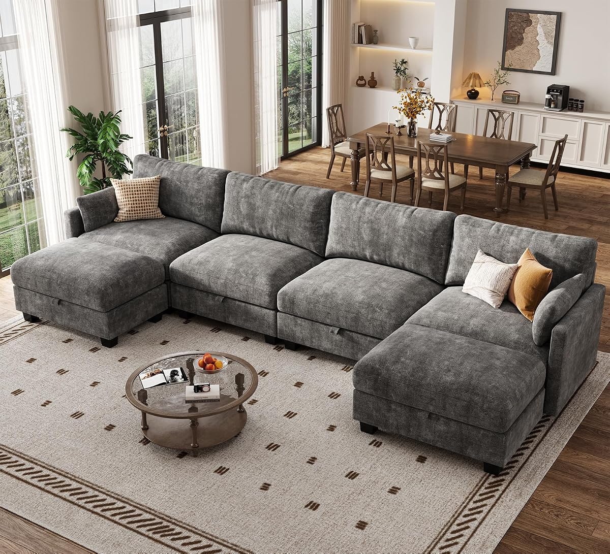 Modular Sectional U Shaped Sofa Couches for Living Room, Cloud Couch with Storage Ottoman, Comfy Chenille Sofa with Pillow, Dark Gray