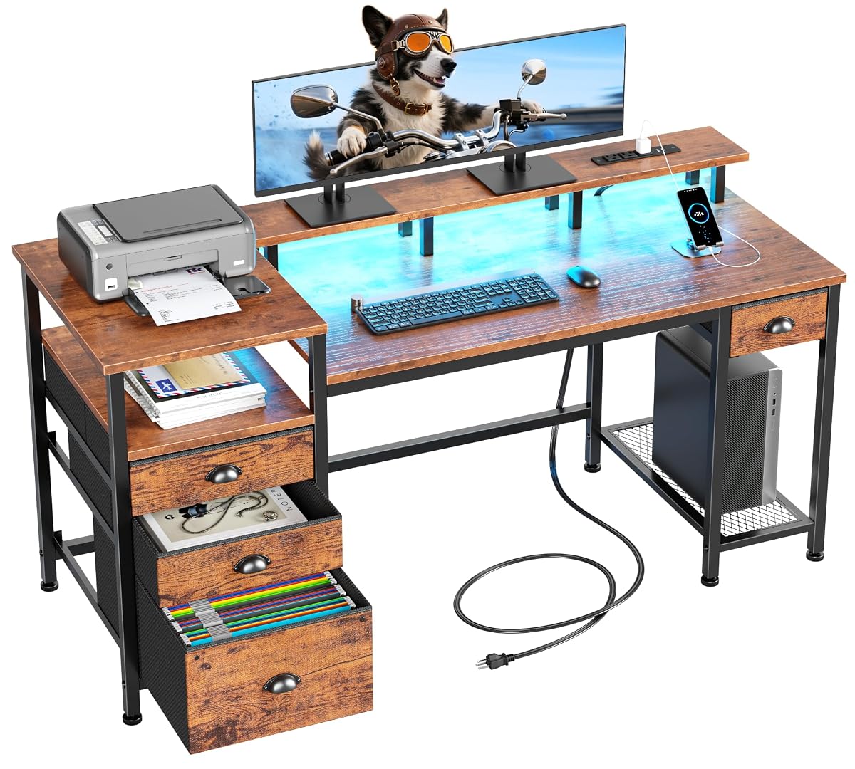 60" Computer Desk with 4 Drawers, Power Outlet, LED, Rustic Brown