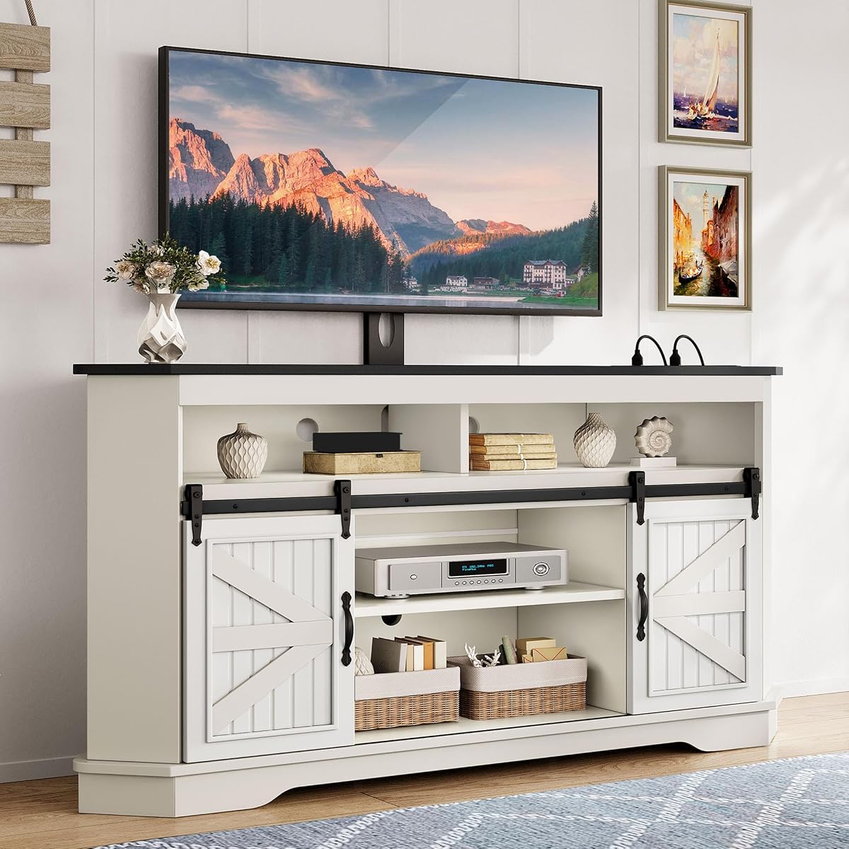 63" Corner Farmhouse TV Stand with Barn Door, Mount, White Black