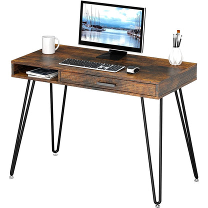 Home Office Computer Hairpin Leg Desk with Drawer, Rustic Brown