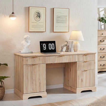 58" Modern Wood Executive Desk with 5 Drawers & 1 Cabinet, Built‑in Outlet