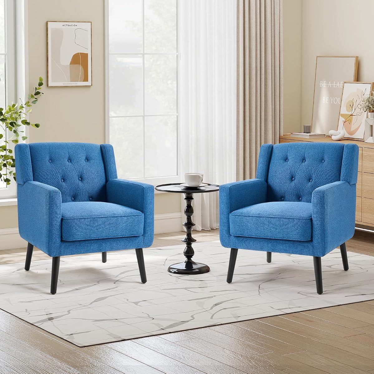 Accent Chair Set of 2, Comfy Reading Chair, Mid Century Modern Chairs, Tufted Upholstered Living Room Chair, Overstuffed Single Sofa Chair for Bedroom Waiting Room, Blue