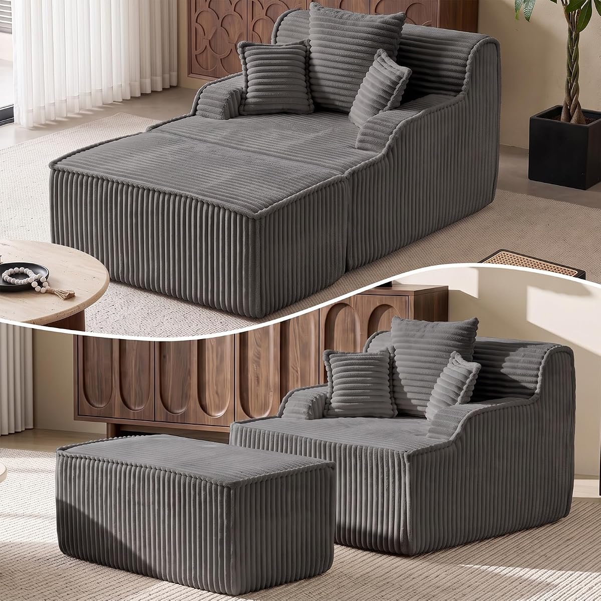 Oversized Chaise Lounge Chair Indoor, Corduroy Boneless Couch Sofa Bed