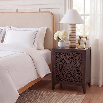 SAFAVIEH Furniture - Thea 1-Door Carved Nightstand - Brown - Mango Wood - Artisan Global Design - Ideal for Bedroom, 20"W x 14"D x 26"H - Fully Assembled (NST5300A)