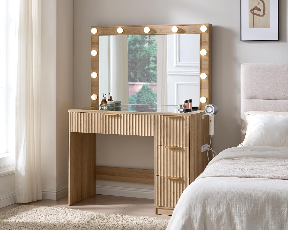 36.2" Fluted Vanity Desk with Large Mirror and Lights, Natural Oak