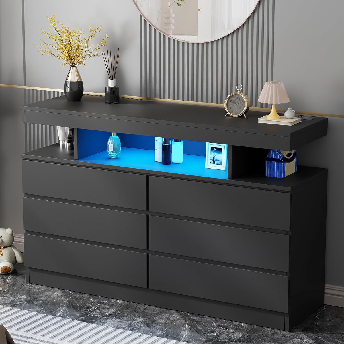 Black Dresser for Bedroom with Charging Station and LED Lights