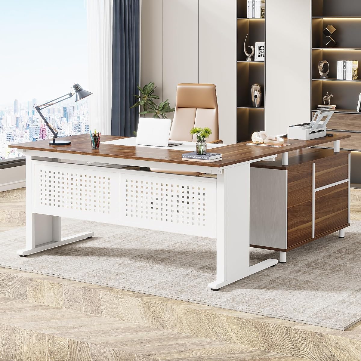 63 Inch Executive Desk with File Cabinet