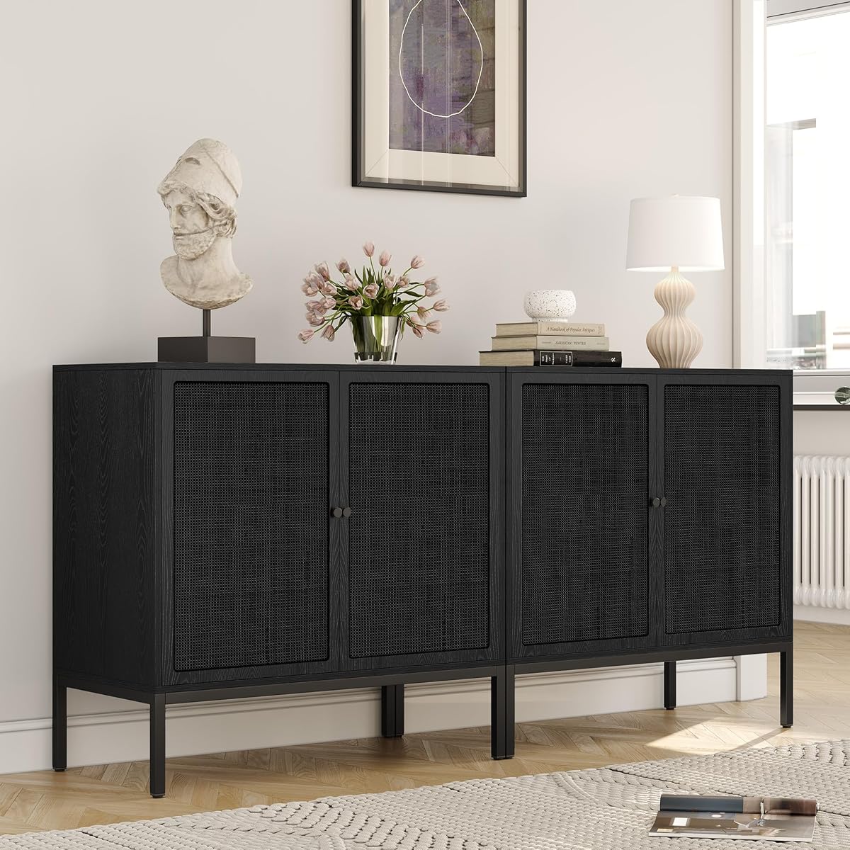 63“ W Black Rattan Cabinet