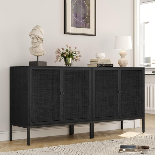 63“ W Black Rattan Cabinet