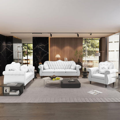3-Piece Living Room Sectional Sofa Set, Mid-Century Modern Chesterfield Upholstered Velvet Sofa Couch, Classic Tufted Button White Couch with Nailhead Trim for Living Room, Office (White)