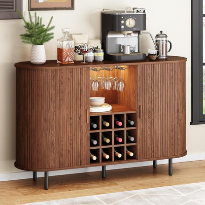 55" Wine Bar Cabinet with LED Light, Modern Fluted Liquor Whiskey Home Bar with Wine Rack and Glass Holder, Farmhouse Buffet Sideboard with Storage for Living Room, Kitchen, Entryway (Walnut)