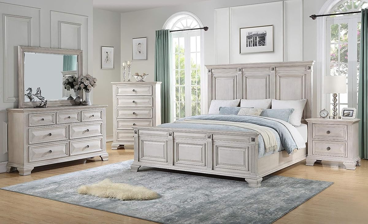 Renova Distressed Parchment Wood Bedroom Set, King Panel Bed, Dresser, Mirror, Nightstand, Chest