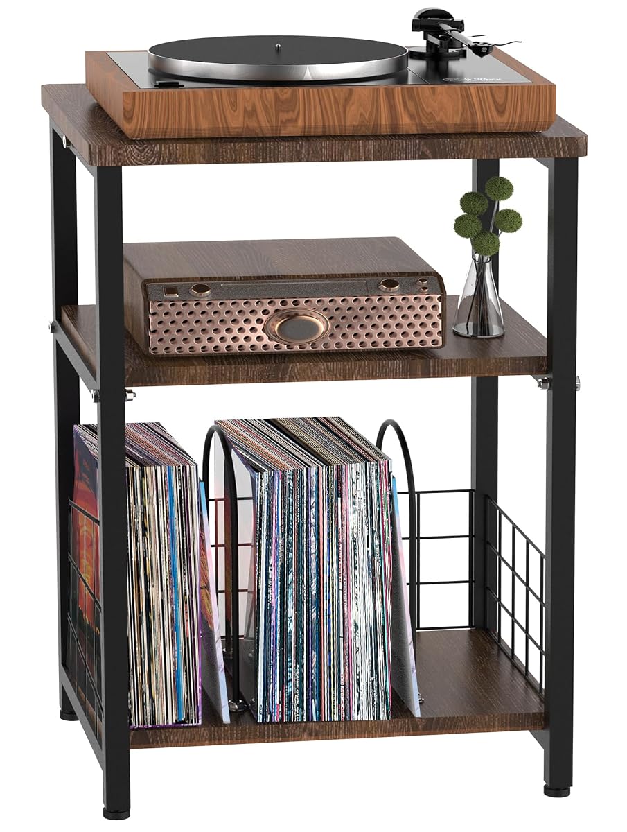 Record Player Stand, 3 Tier Side End Table with Vinyl Record Storage Basket, Turntable up to 100 Albums Record Shelf Display Holder Cabinet for Living Room, Bedroom, Office, Black