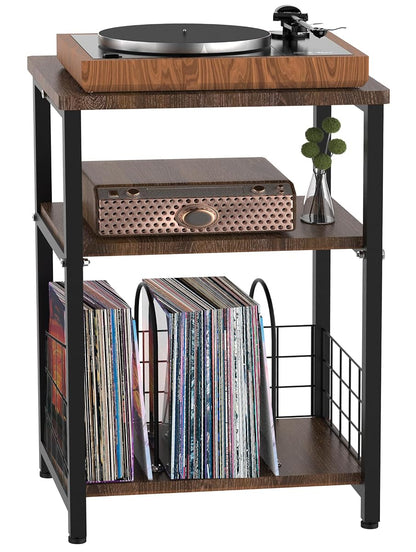 Record Player Stand, 3 Tier Side End Table with Vinyl Record Storage Basket, Turntable up to 100 Albums Record Shelf Display Holder Cabinet for Living Room, Bedroom, Office, Black