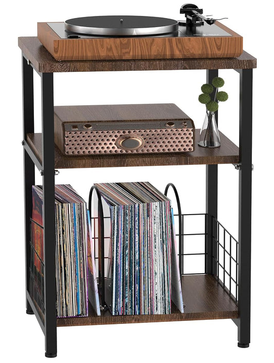 Record Player Stand, 3 Tier Side End Table with Vinyl Record Storage Basket, Turntable up to 100 Albums Record Shelf Display Holder Cabinet for Living Room, Bedroom, Office, Black