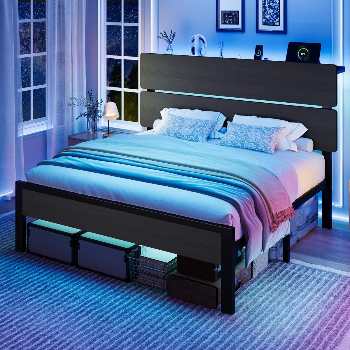Queen Bed Frame LED Lighting Charging Storage