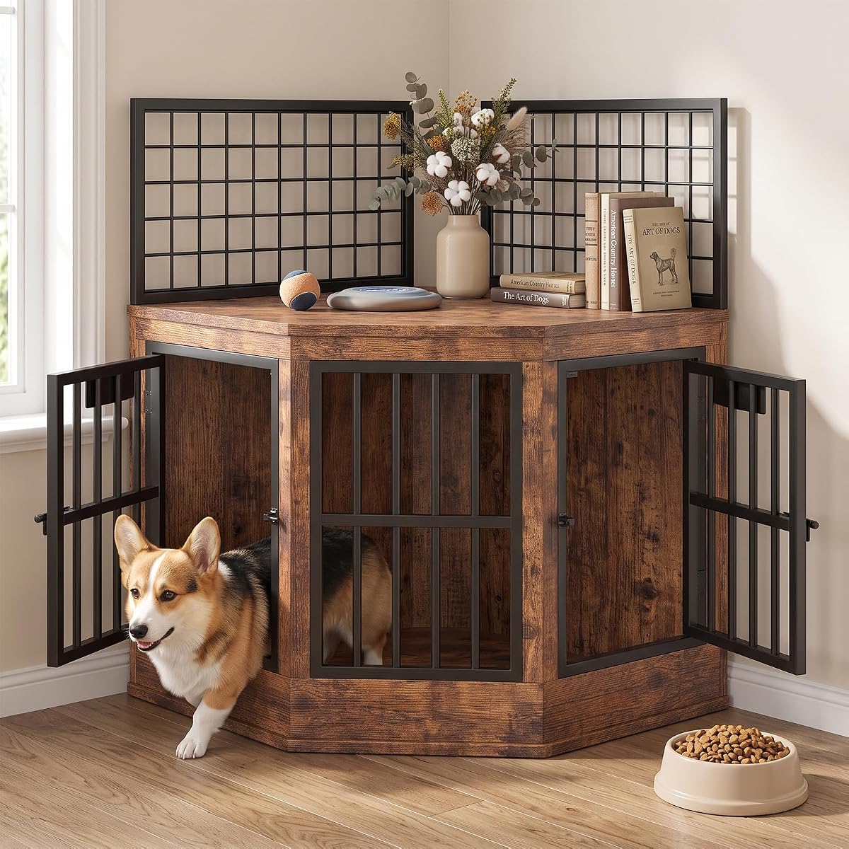 43" Wooden Corner Dog Crate Furniture, Indoor Decorative Dog Kennel, Rustic
