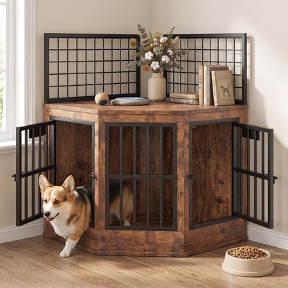 43" Wooden Corner Dog Crate Furniture, Indoor Decorative Dog Kennel, Rustic