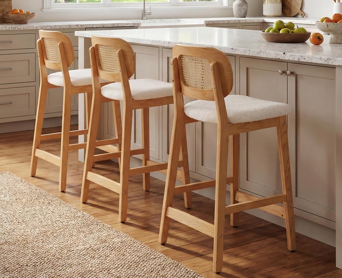 Rattan Counter Height Bar Stools Set of 3 Modern Farmhouse Barstools with Cane Backs 26 Inch Wood Counter Stool Breakfast Upholstered Bar Chairs for Kitchen Island, Boucle Beige