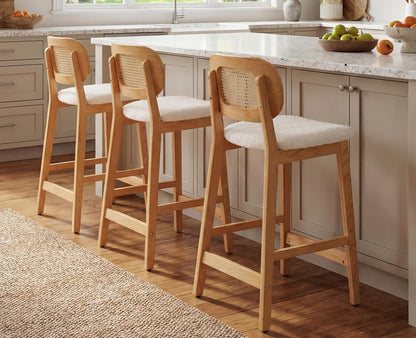 Rattan Counter Height Bar Stools Set of 3 Modern Farmhouse Barstools with Cane Backs 26 Inch Wood Counter Stool Breakfast Upholstered Bar Chairs for Kitchen Island, Boucle Beige