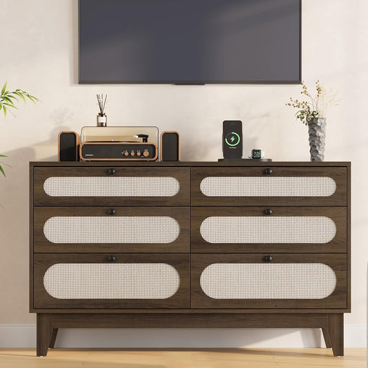 Rattan 6-Drawer Storage Dresser with USB Ports and Power Outlets