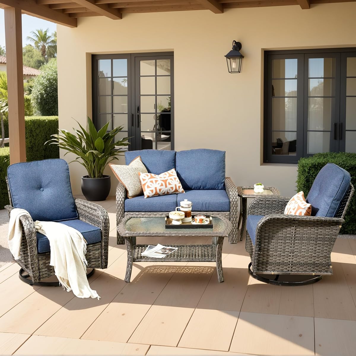 Weaxty Wicker Patio Furniture Set with Swivel Rocker Chairs Outdoor Loveseat Sofa and Rattan Coffee Table, 5 Pieces Outdoor Conversation Sets for Patio Porch Deck Backyard Poolside, Denim Blue