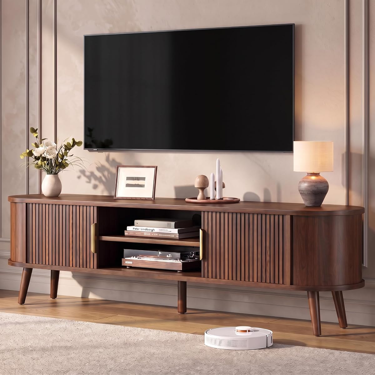 Mid Century TV Stand for TVs up to 80" with Fluted Sliding Doors