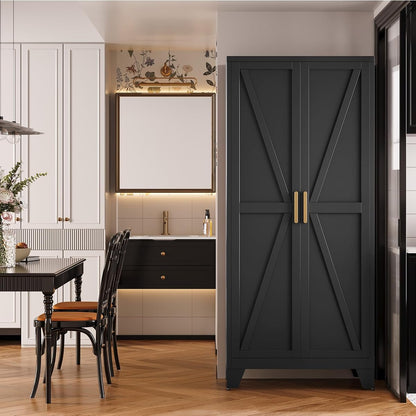 71" Metal Storage Cabinet with Doors and Shelves, Tall Pantry Cabinet in Black with 2 Doors & 4 Adjustable Shelves, All-Steel Farmhouse Cupboard for Kitchen, Living Room,Home Office,Garage