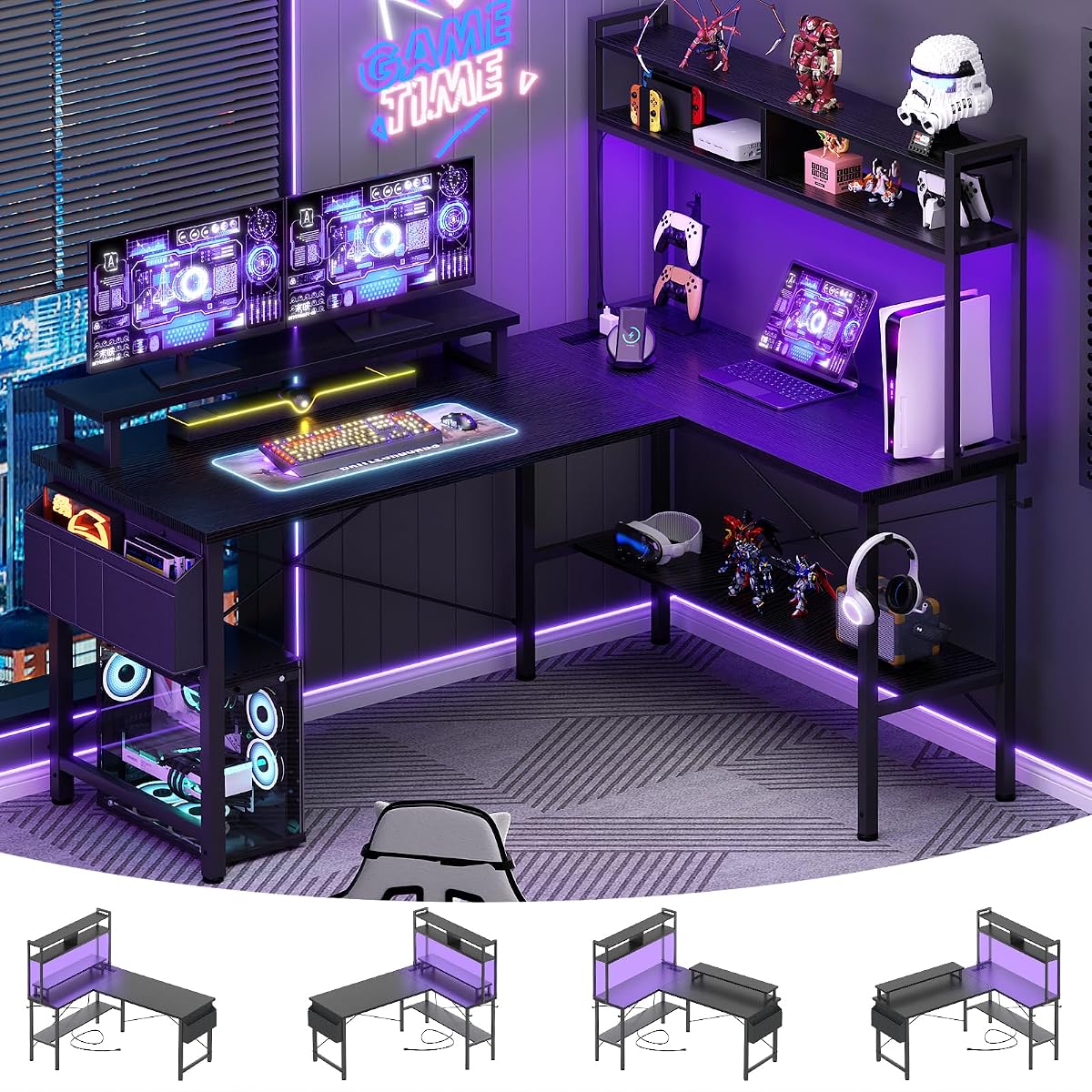 L Shaped Gaming Desk with Power Outlets & LED Lights, Black