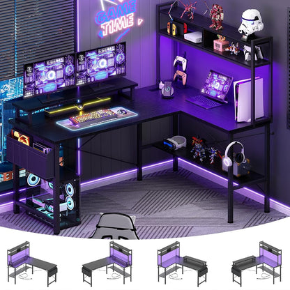 L Shaped Gaming Desk with Power Outlets & LED Lights, Black