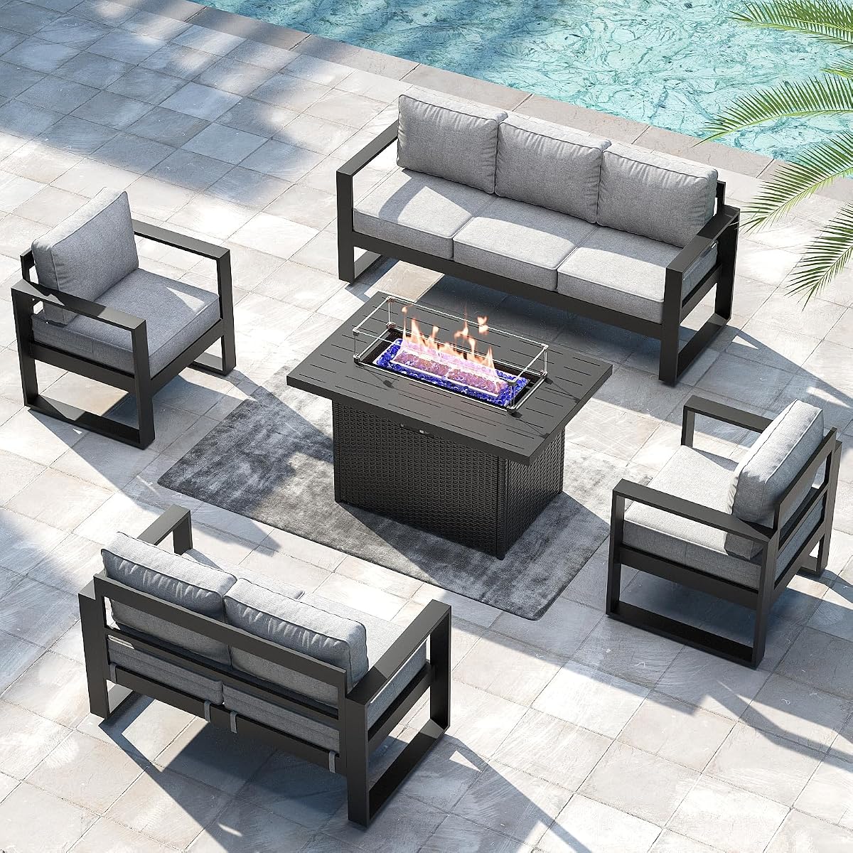 5 Pieces Aluminum Outdoor Patio Furniture Set, Metal Modern Conversation Sofa Set with Fire Pit Table and Washable Thick Cushions for Porch, Backyard, Deck