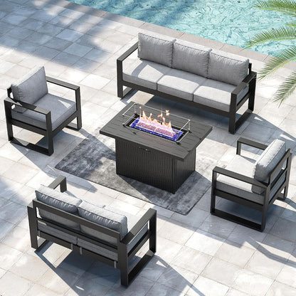 5 Pieces Aluminum Outdoor Patio Furniture Set, Metal Modern Conversation Sofa Set with Fire Pit Table and Washable Thick Cushions for Porch, Backyard, Deck