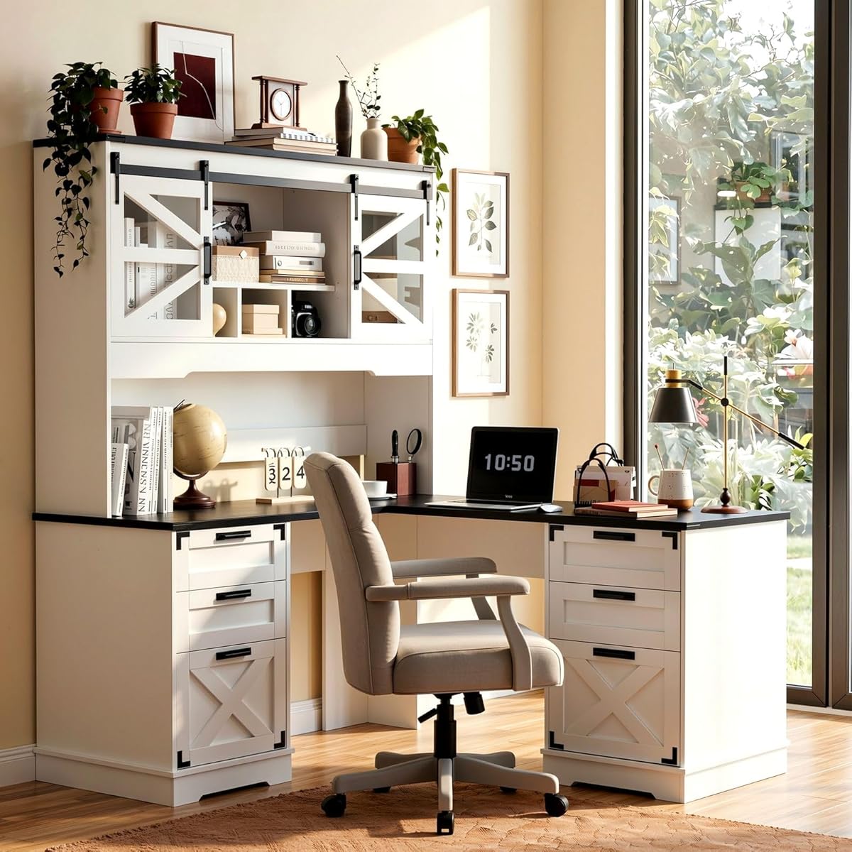 Farmhouse L Shaped Executive Desk with Hutch and 6 Drawer, 57" Home Office Desk with Power Outlet and 2 File Drawers, Corner Computer Desk with Storage Shelves and Sliding Door for Home Office