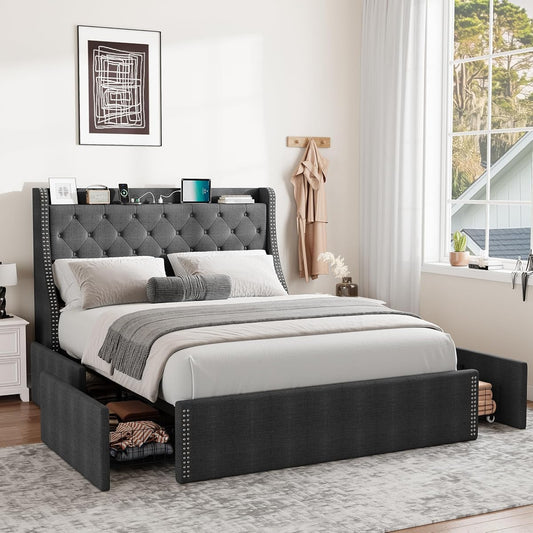 GAOMON Queen Size Bed Frame with Wingback Headboard
