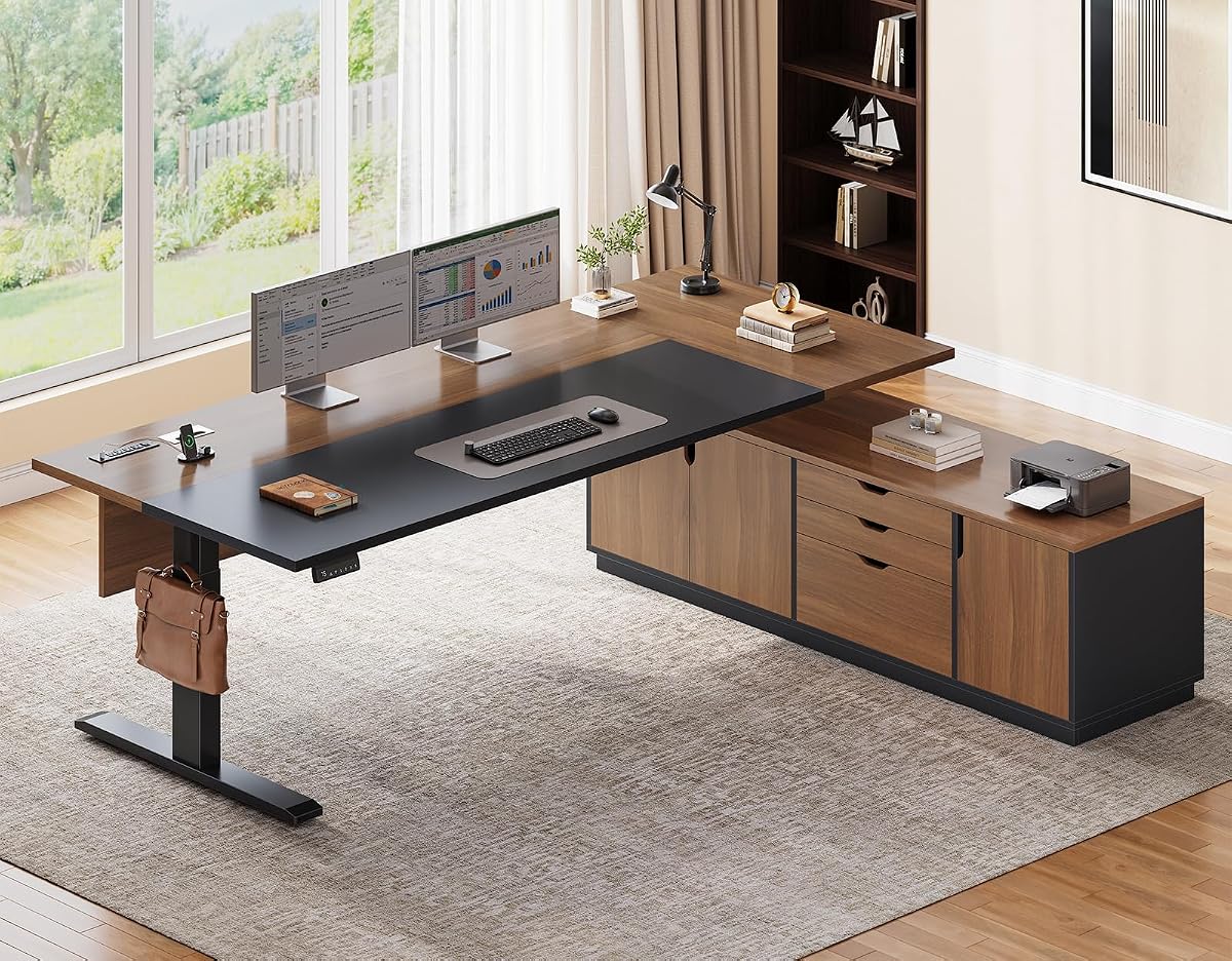 71" Executive L Shaped Electric Standing Desk, Brown