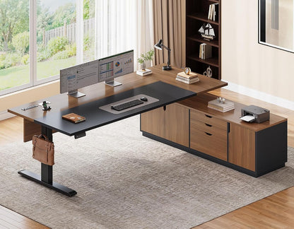 71" Executive L Shaped Electric Standing Desk, Brown