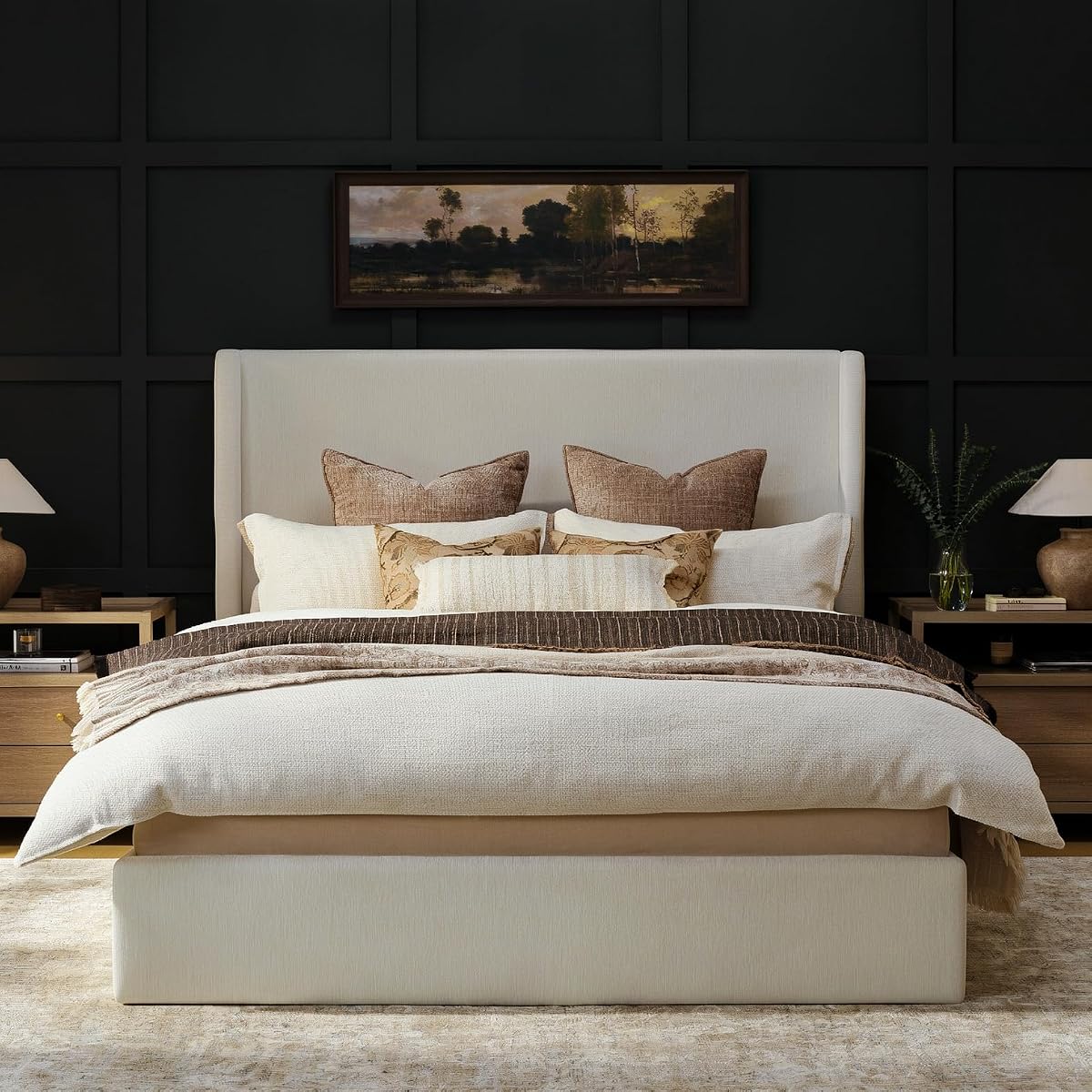 King Size Upholstered Platform Bed Frame with Tall Wingback Headboard