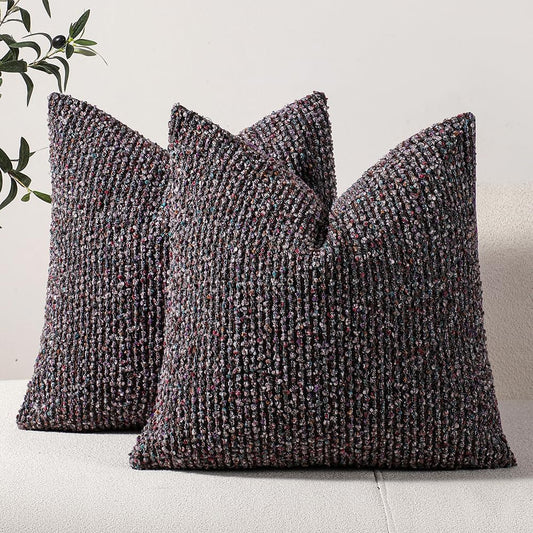 Striped Throw Pillow Covers 18x18 Set of 2 Colorful PurpleTextured Boucle Chic