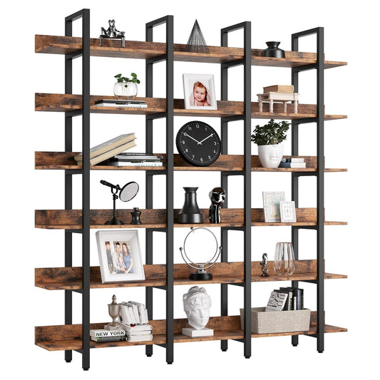 Bookcase and Bookshelves Triple Wide 6 Tiers Large Open Shelves, Etagere Bookcases with Back Fence for Home Office Decor, Easy Assembly, Vintage Brown