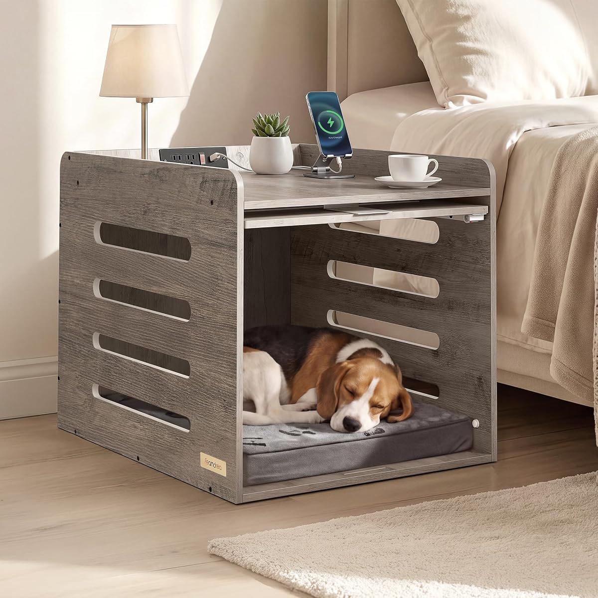 Modern Dog Crate Furniture, Charging Station, Flip-Up Hidden Door