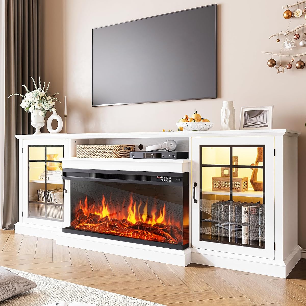 80" Fireplace TV Stand with 3-Sided Glass, TV Cabinet for TVs up to 90"