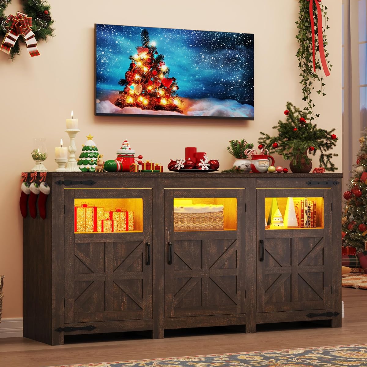 64" Large LED Farmhouse TV Stand for 70/65/60 Inch TVs with Power Outlets