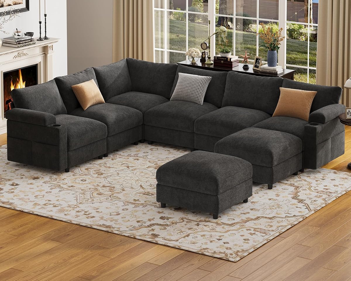 Sectional Couches for Living Room FSC Certified Velvet Modular Couch Oversized Cloud U Shaped Convertible Sleeper Sofa Chaise Detachable Armrest Cushion (Chenille Grey, U Shape 8 Seat)