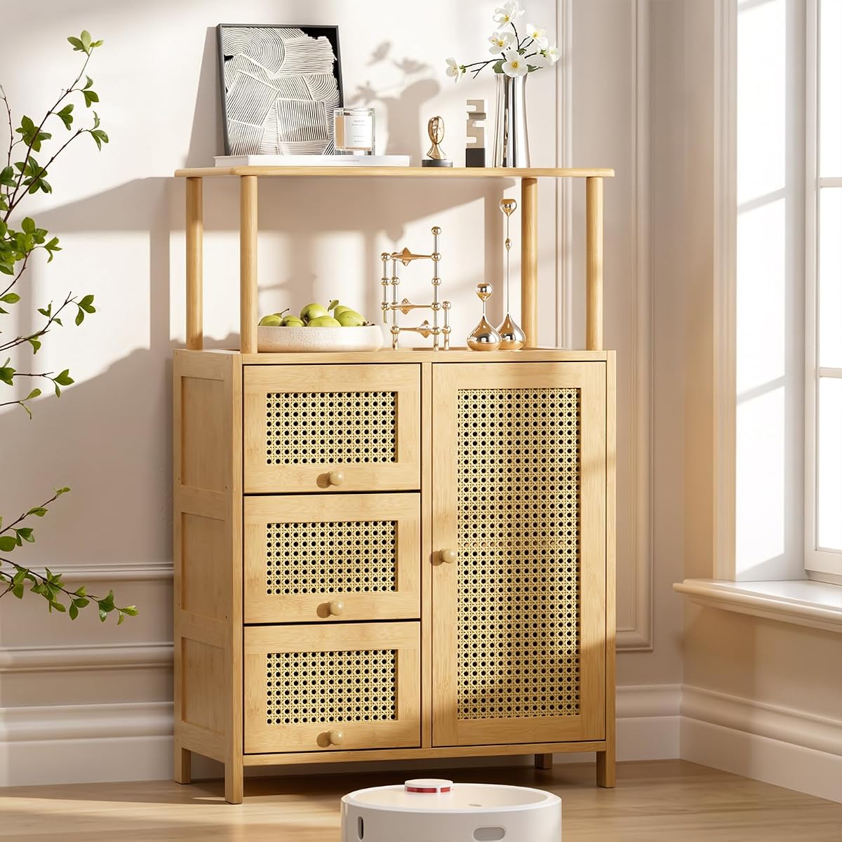 Sideboard Buffet Cabinet with Storage, Bamboo Storage Cabinets, Rattan Sideboard with Adjustable Shelf, Pantry Cupboard for Kitchen Living Room Entry Coffee Bar, Natural Color