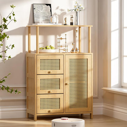 Sideboard Buffet Cabinet with Storage, Bamboo Storage Cabinets, Rattan Sideboard with Adjustable Shelf, Pantry Cupboard for Kitchen Living Room Entry Coffee Bar, Natural Color