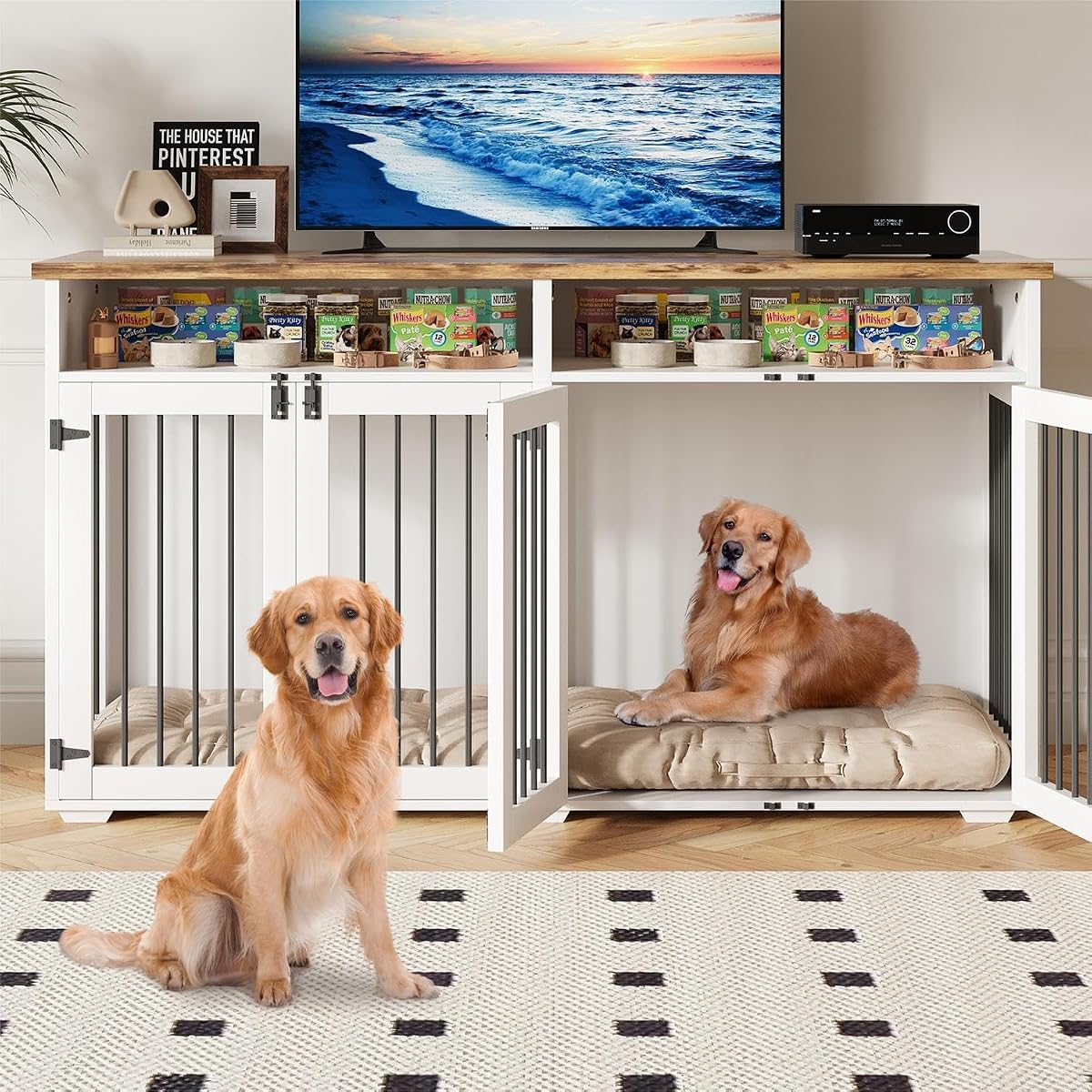 63'' Dog Crate Furniture for 2 Dogs, Wooden Dog Cage with Storage Compartment