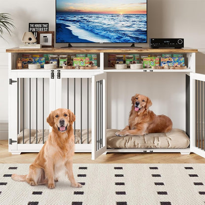 63'' Dog Crate Furniture for 2 Dogs, Wooden Dog Cage with Storage Compartment