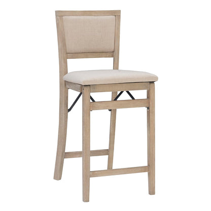 Keira Natural Rustic Wooden Folding 25 Inch Seat Height Counter Stool with Beige Upholstered Seat and Back