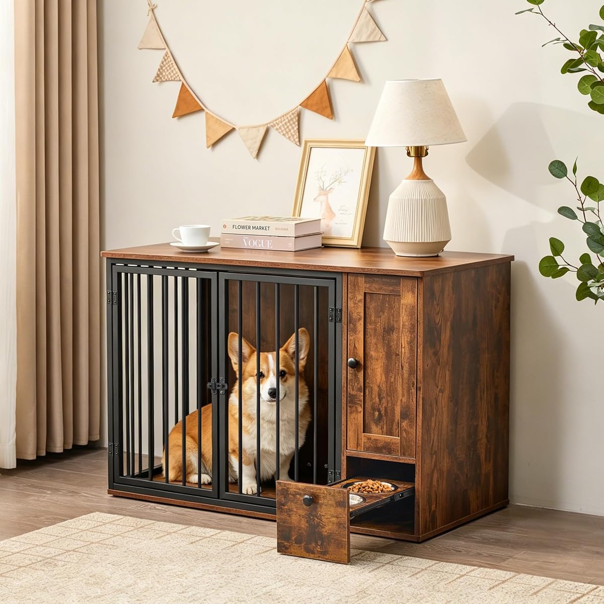 43.3" Dog Crate Furniture with Feeding Station for Small/Medium Dogs
