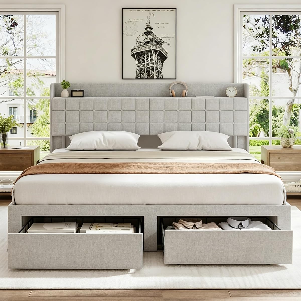 Upholstered King Size Platform Bed with Headboard